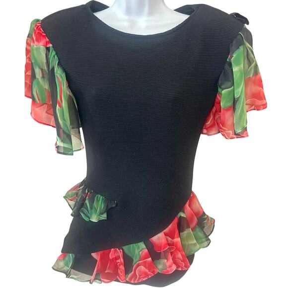 80’s Jon Wesley Floral Pattern Red Rose Blk Blouse Women’s 8 Dress Top - Picture 3 of 10